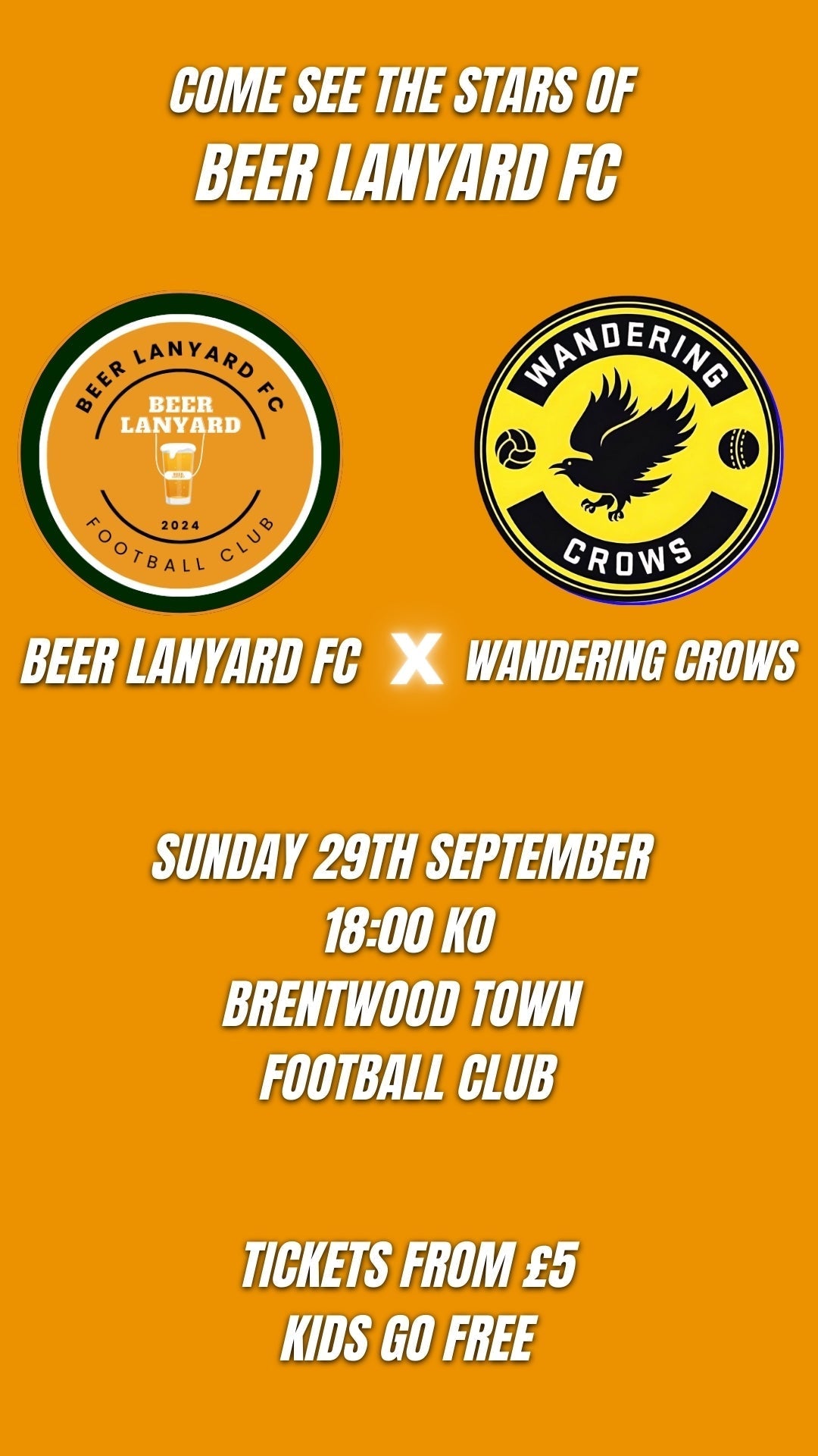 Beer Lanyard FC vs Wandering Crows - Brentwood Town - 29th September - Programme Sponsor - #shop_name - #BeerLanyard