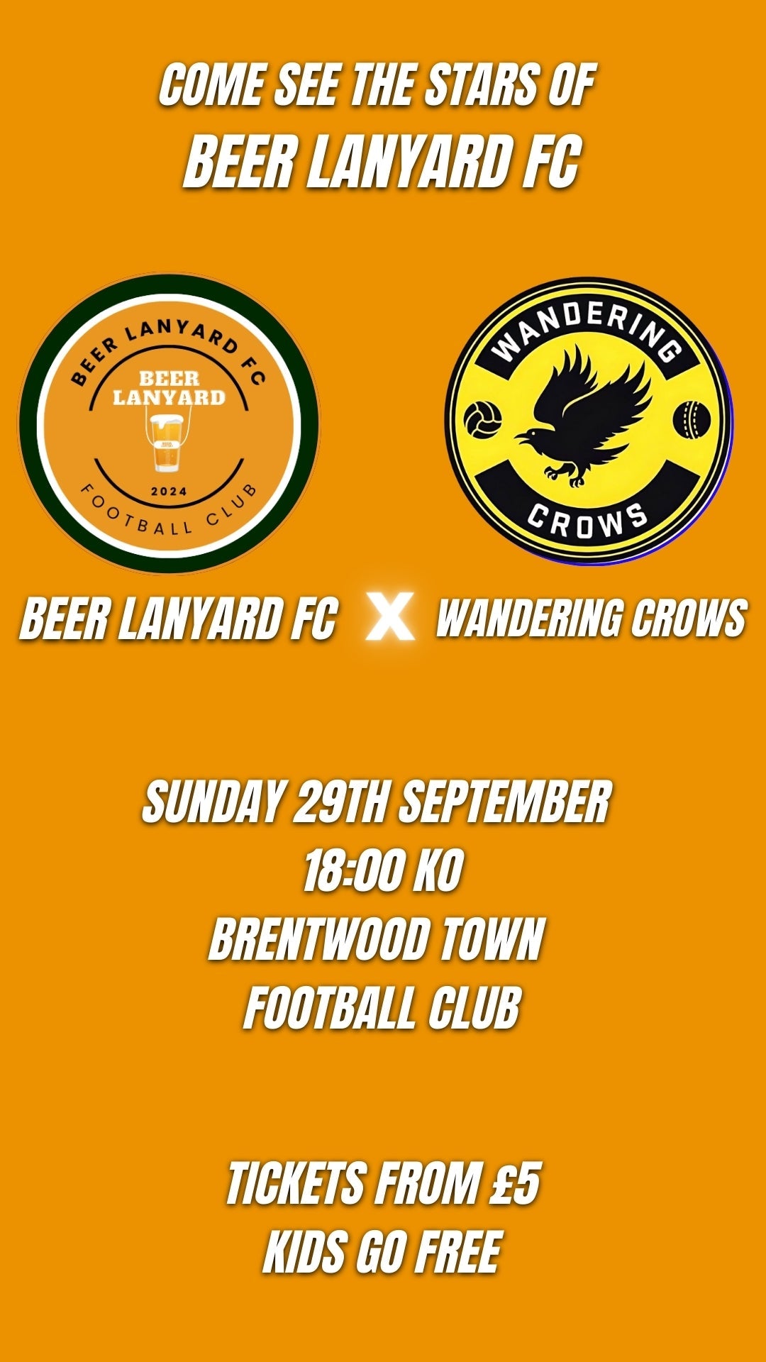 Beer Lanyard FC vs Wandering Crows - Brentwood Town - 29th September - Child Ticket - u15 - #shop_name - #BeerLanyard